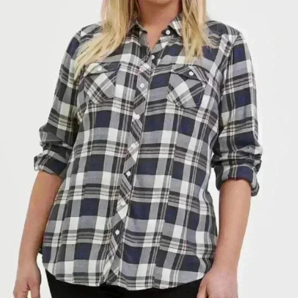 Torrid Blue Plaid Slim Fit Button Up Long Sleeve Top 2 2X 18/20 - Picture 1 of 5